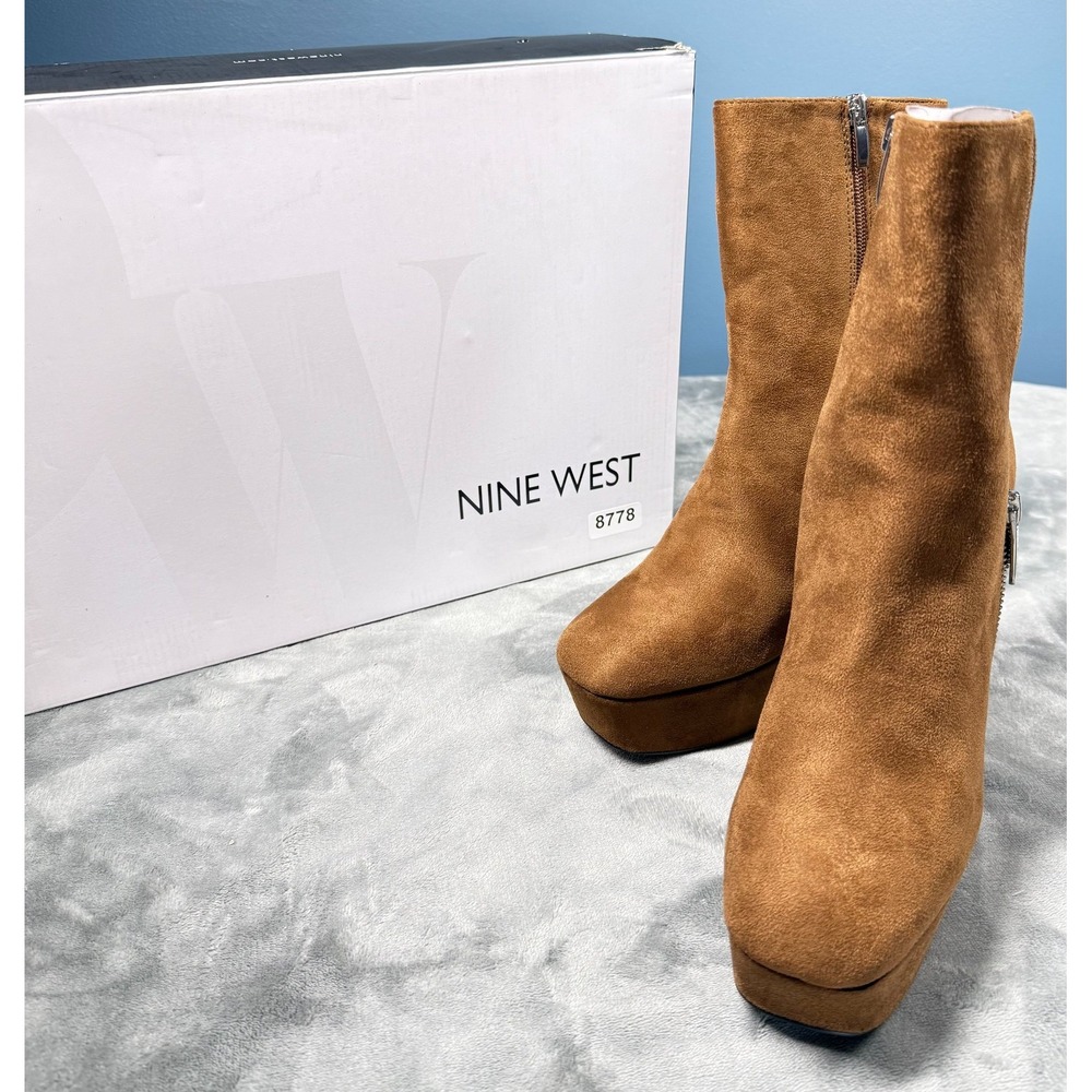 Nine West Kerri2 Boots Womens 9.5 Brown Suede Platform Heel Ankle